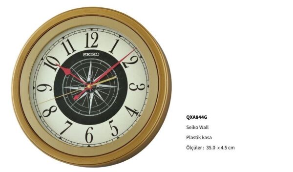 Seiko QXA844G Plastik Kasa Kahverengi Renkli 35 cm Çaplı Pusula Kadranlı Quartz Mekanizmalı Duvar Saati