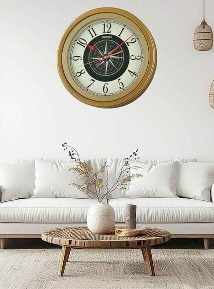 Seiko QXA844G Plastik Kasa Kahverengi Renkli 35 cm Çaplı Pusula Kadranlı Quartz Mekanizmalı Duvar Saati