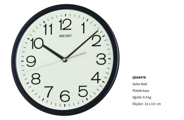 Seiko QXA847K Plastik Kasa Siyah Renkli 31 cm Çaplı Quartz Mekanizmalı Duvar Saati