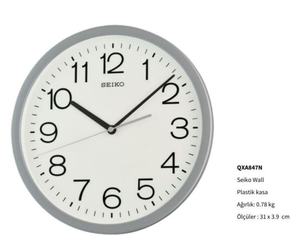 Seiko QXA847N Plastik Kasa Gri Renkli 31 cm Çaplı Quartz Mekanizmalı Duvar Saati