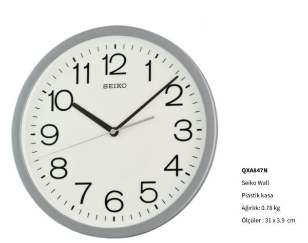 Seiko QXA847N Plastik Kasa Gri Renkli 31 cm Çaplı Quartz Mekanizmalı Duvar Saati