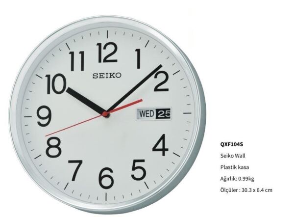 Seiko QXF104S Plastik Kasa Beyaz Renkli 30.3 Çaplı Takvimli Quartz Mekanizmalı Duvar Saati