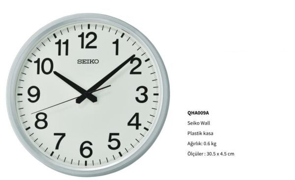 Seiko QHA009A Plastik Kasa Metalik Gri Renkli 30,5 cm Çaplı Quartz Mekanizmalı Duvar Saati