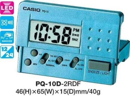 Casio PQ-10D-2RDF Mini Seyahat Ertelemeli Beep Alarm Işıklı 12/24 Saat Dilimi Özellikli Masa Saati