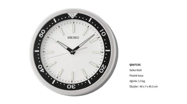 Seiko QXA723S Plastik Kasa Gri Renkli 40 cm Çaplı  LumiBrite Modern Sessiz Saniye Mekanizmalı Duvar Saati