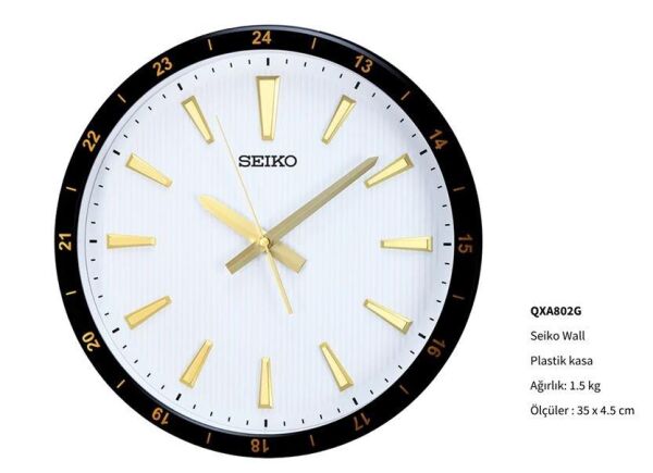Seiko QXA802G Plastik Kasa Siyah Renkli 35 cm Çaplı 24 Saat Dilimli Modern Sessiz Saniye Mekanizmalı Duvar Saati
