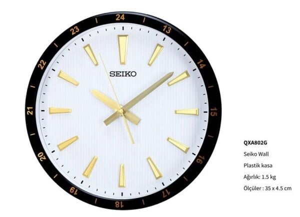 Seiko QXA802G Plastik Kasa Siyah Renkli 35 cm Çaplı 24 Saat Dilimli Modern Sessiz Saniye Mekanizmalı Duvar Saati
