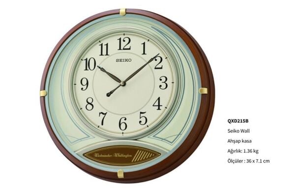 Seiko QXD215B Ahşap Kasa Kahverengi Renkli 36 cm Çaplı Çift Melodili Modern Sessiz Saniye Mekanizmalı Duvar Saati