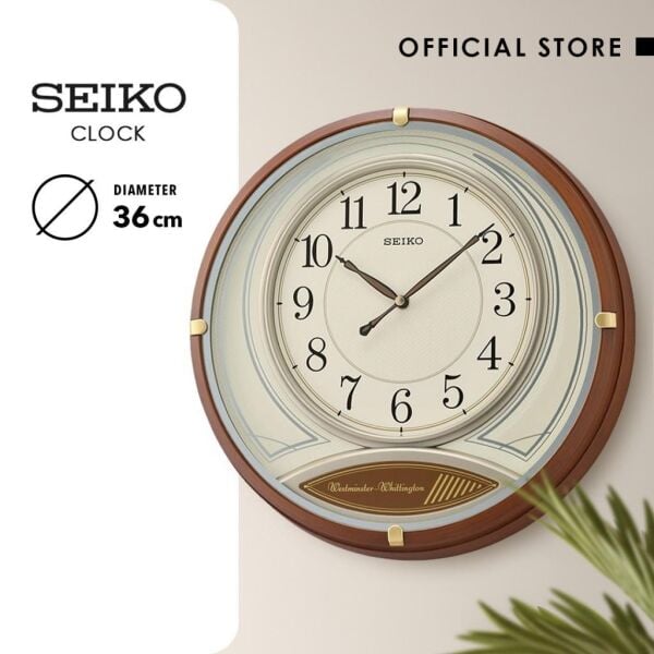Seiko QXD215B Ahşap Kasa Kahverengi Renkli 36 cm Çaplı Çift Melodili Modern Sessiz Saniye Mekanizmalı Duvar Saati