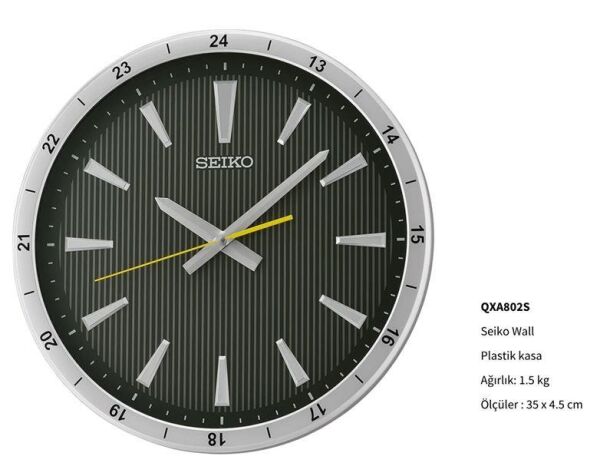 Seiko QXA802S Plastik Kasa Gri Renkli 35 cm Çaplı 24 Saat Dilimli Modern Sessiz Saniye Mekanizmalı Duvar Saati