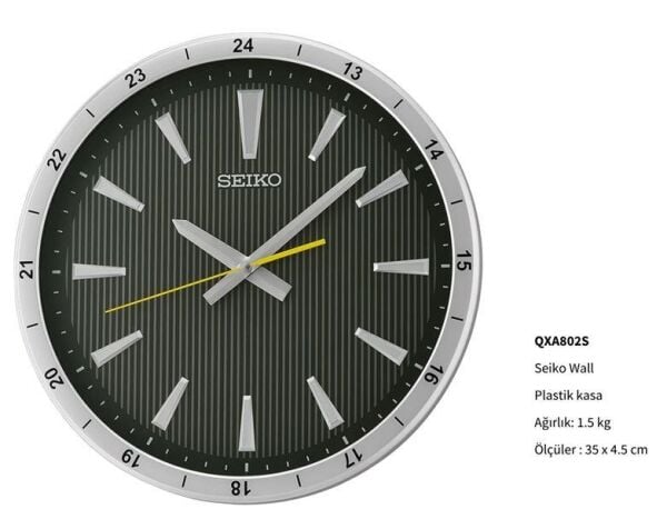 Seiko QXA802S Plastik Kasa Gri Renkli 35 cm Çaplı 24 Saat Dilimli Modern Sessiz Saniye Mekanizmalı Duvar Saati
