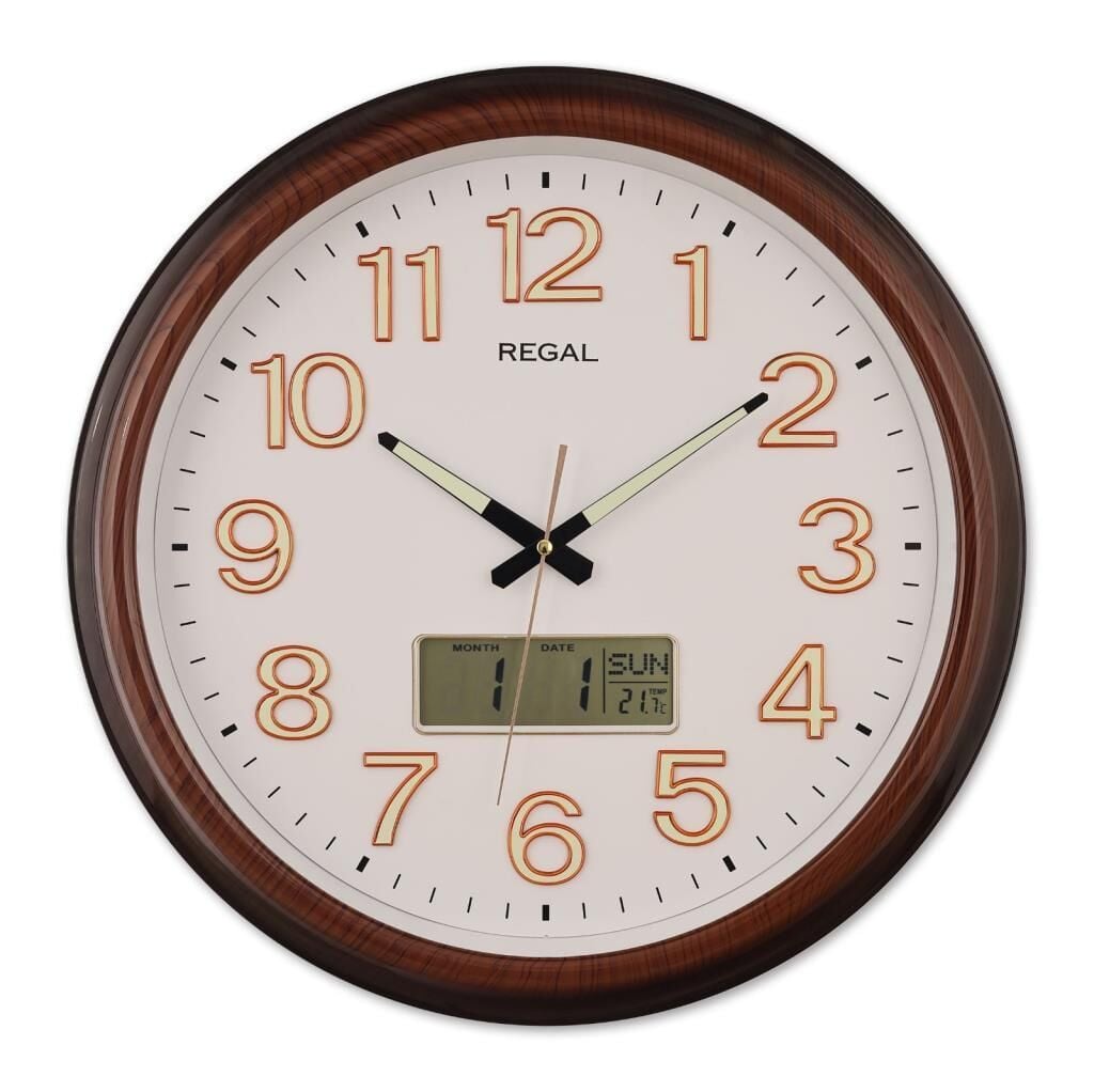 Regal 0432 AW Ahşap Desenli Takvim ve Termometreli 3D Rakamlı Fosforlu Sessiz Akar Saniyeli Duvar Saati