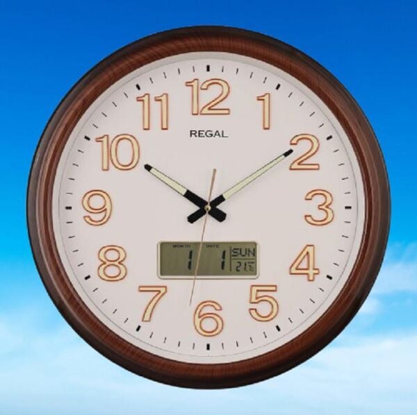 Regal 0432 AW Ahşap Desenli Takvim ve Termometreli 3D Rakamlı Fosforlu Sessiz Akar Saniyeli Duvar Saati