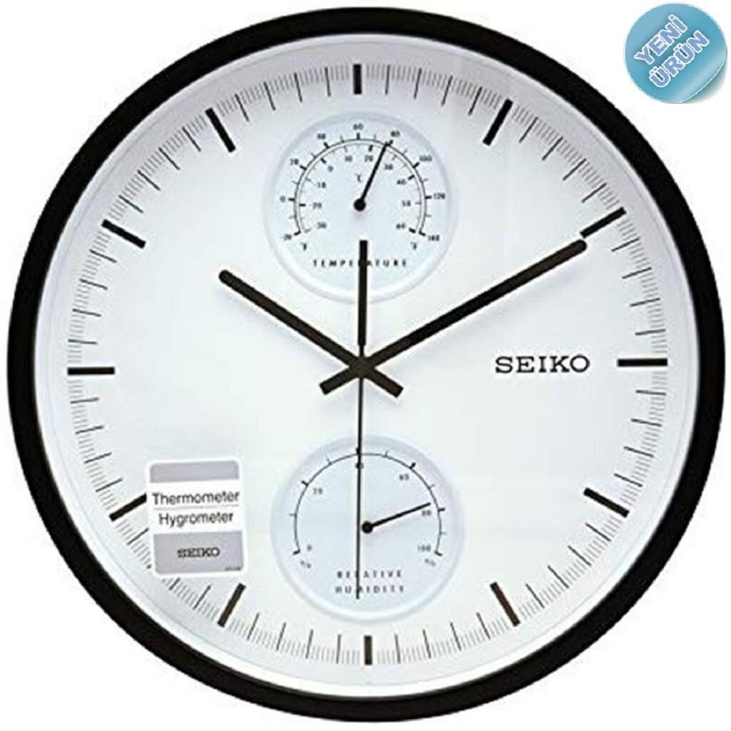 Seiko QXA525K Plastik Kasa Siyah Renkli 30.5 cm Çaplı Isı ve Nem Ölçerli Modern Sessiz Saniye Mekanizmalı Duvar Saati
