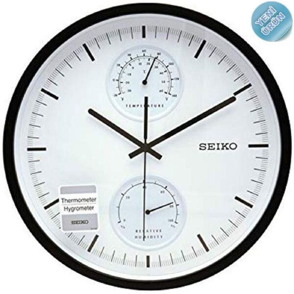 Seiko QXA525K Plastik Kasa Siyah Renkli 30.5 cm Çaplı Isı ve Nem Ölçerli Modern Sessiz Saniye Mekanizmalı Duvar Saati