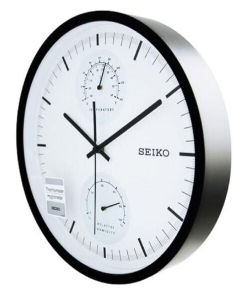 Seiko QXA525K Plastik Kasa Siyah Renkli 30.5 cm Çaplı Isı ve Nem Ölçerli Modern Sessiz Saniye Mekanizmalı Duvar Saati