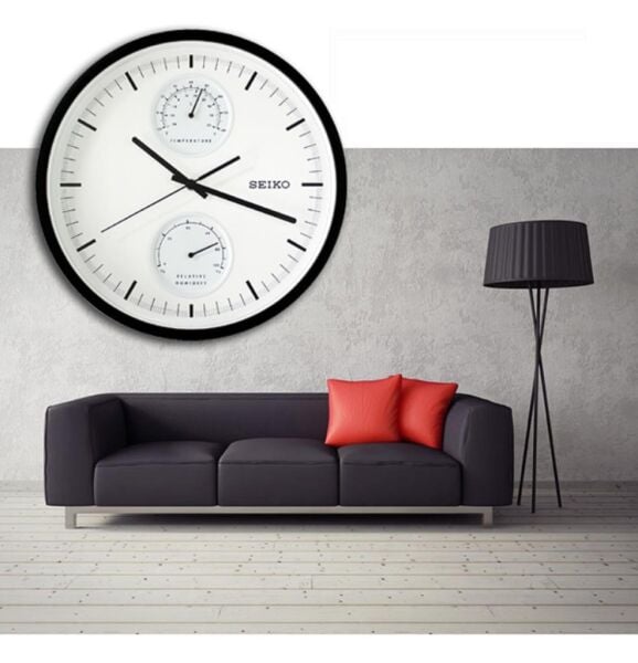Seiko QXA525K Plastik Kasa Siyah Renkli 30.5 cm Çaplı Isı ve Nem Ölçerli Modern Sessiz Saniye Mekanizmalı Duvar Saati