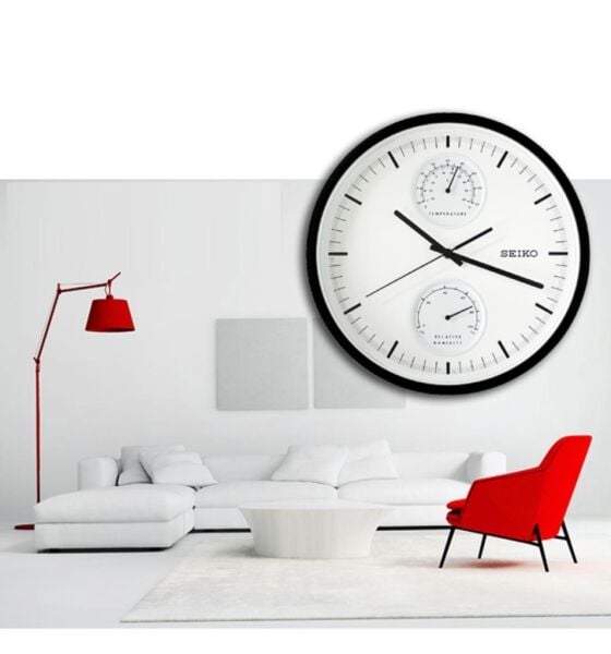 Seiko QXA525K Plastik Kasa Siyah Renkli 30.5 cm Çaplı Isı ve Nem Ölçerli Modern Sessiz Saniye Mekanizmalı Duvar Saati