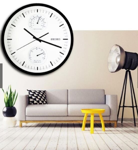 Seiko QXA525K Plastik Kasa Siyah Renkli 30.5 cm Çaplı Isı ve Nem Ölçerli Modern Sessiz Saniye Mekanizmalı Duvar Saati