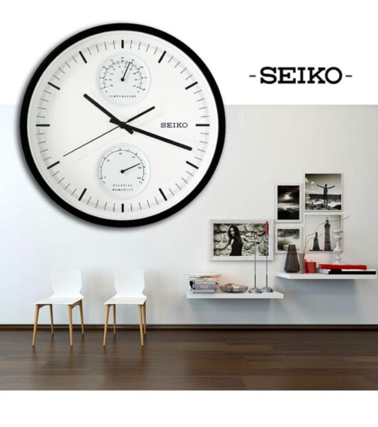 Seiko QXA525K Plastik Kasa Siyah Renkli 30.5 cm Çaplı Isı ve Nem Ölçerli Modern Sessiz Saniye Mekanizmalı Duvar Saati