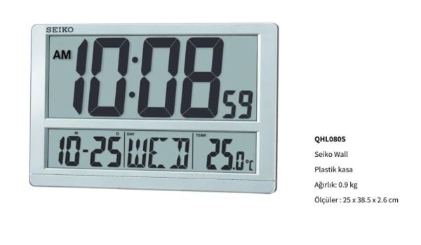 Seiko QHL056S Plastik Kasa Gri Renkli 38.5 x 25 cm Çaplı Termometreli Takvimli Dijital Masa ve Duvar Saati
