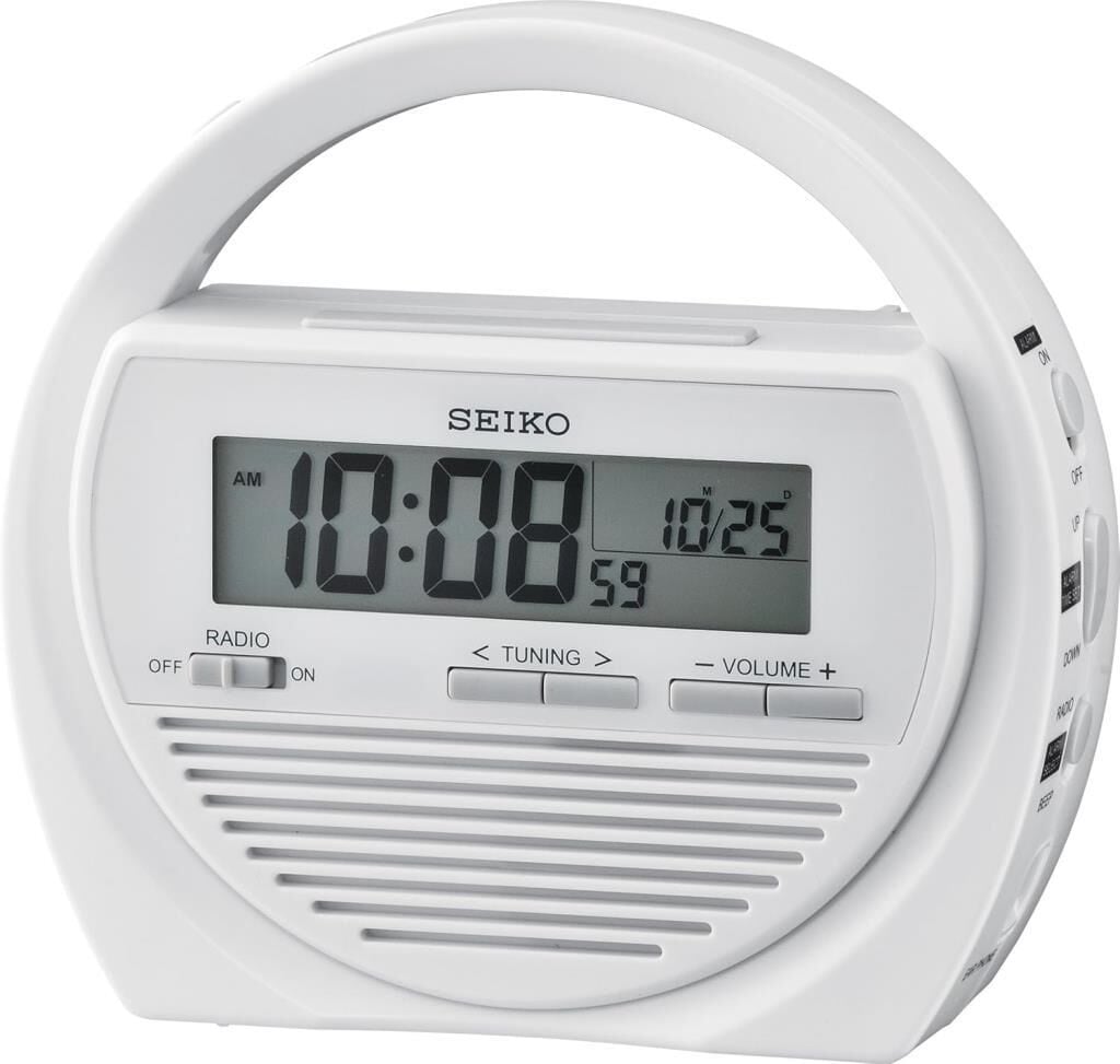 Seiko QHL060W Plastik Kasa Beyaz Renkli 15.6 x 17 cm Çaplı Termometreli Fm Radyolu Dinamolu Dijital Afet Önleme Saati