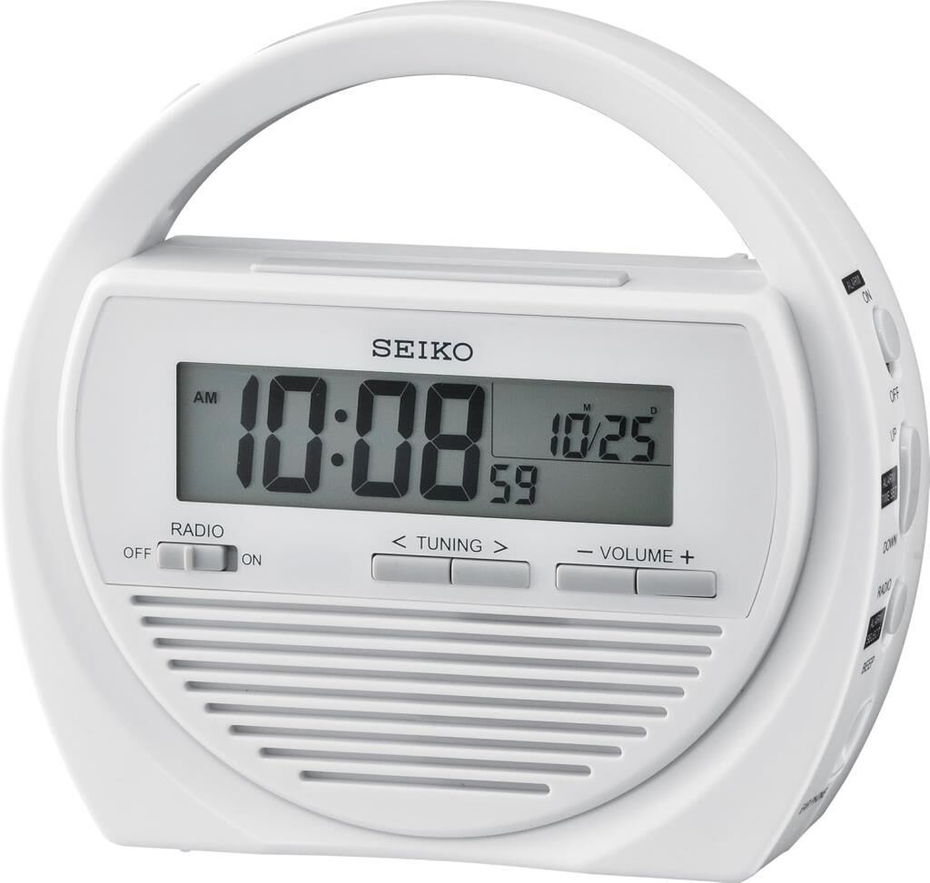 Seiko QHL060W Plastik Kasa Beyaz Renkli 15.6 x 17 cm Çaplı Termometreli Fm Radyolu Dinamolu Dijital Afet Önleme Saati
