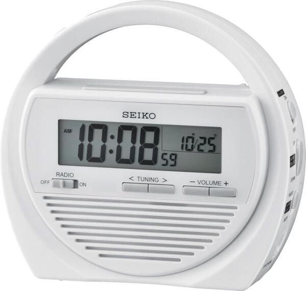 Seiko QHL060W Plastik Kasa Beyaz Renkli 15.6 x 17 cm Çaplı Termometreli Fm Radyolu Dinamolu Dijital Afet Önleme Saati