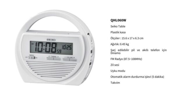 Seiko QHL060W Plastik Kasa Beyaz Renkli 15.6 x 17 cm Çaplı Termometreli Fm Radyolu Dinamolu Dijital Afet Önleme Saati