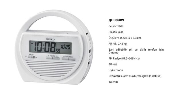 Seiko QHL060W Plastik Kasa Beyaz Renkli 15.6 x 17 cm Çaplı Termometreli Fm Radyolu Dinamolu Dijital Afet Önleme Saati