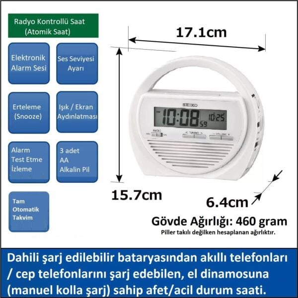 Seiko QHL060W Plastik Kasa Beyaz Renkli 15.6 x 17 cm Çaplı Termometreli Fm Radyolu Dinamolu Dijital Afet Önleme Saati