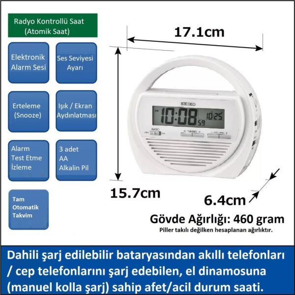 Seiko QHL060W Plastik Kasa Beyaz Renkli 15.6 x 17 cm Çaplı Termometreli Fm Radyolu Dinamolu Dijital Afet Önleme Saati