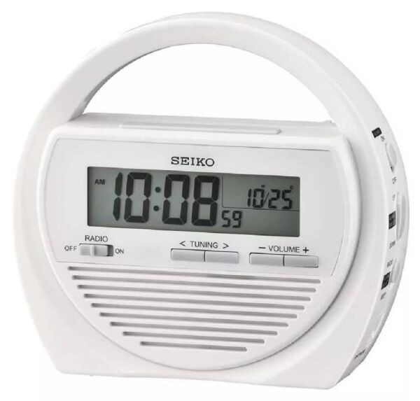 Seiko QHL060W Plastik Kasa Beyaz Renkli 15.6 x 17 cm Çaplı Termometreli Fm Radyolu Dinamolu Dijital Afet Önleme Saati