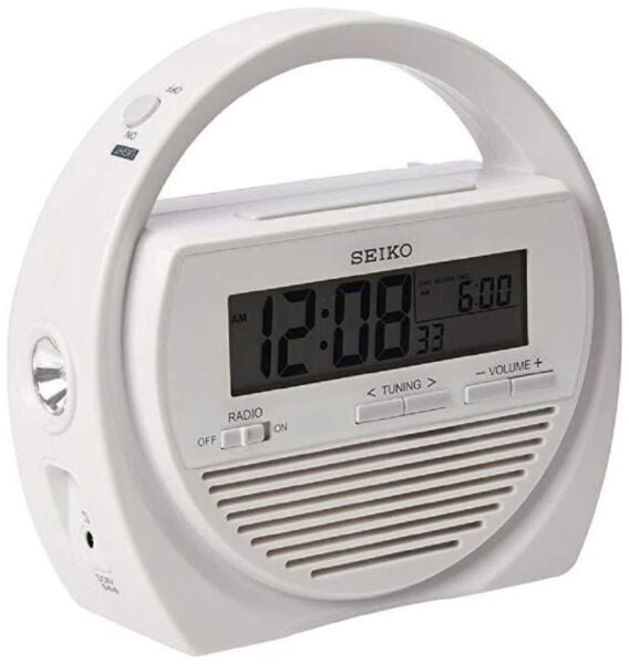 Seiko QHL060W Plastik Kasa Beyaz Renkli 15.6 x 17 cm Çaplı Termometreli Fm Radyolu Dinamolu Dijital Afet Önleme Saati