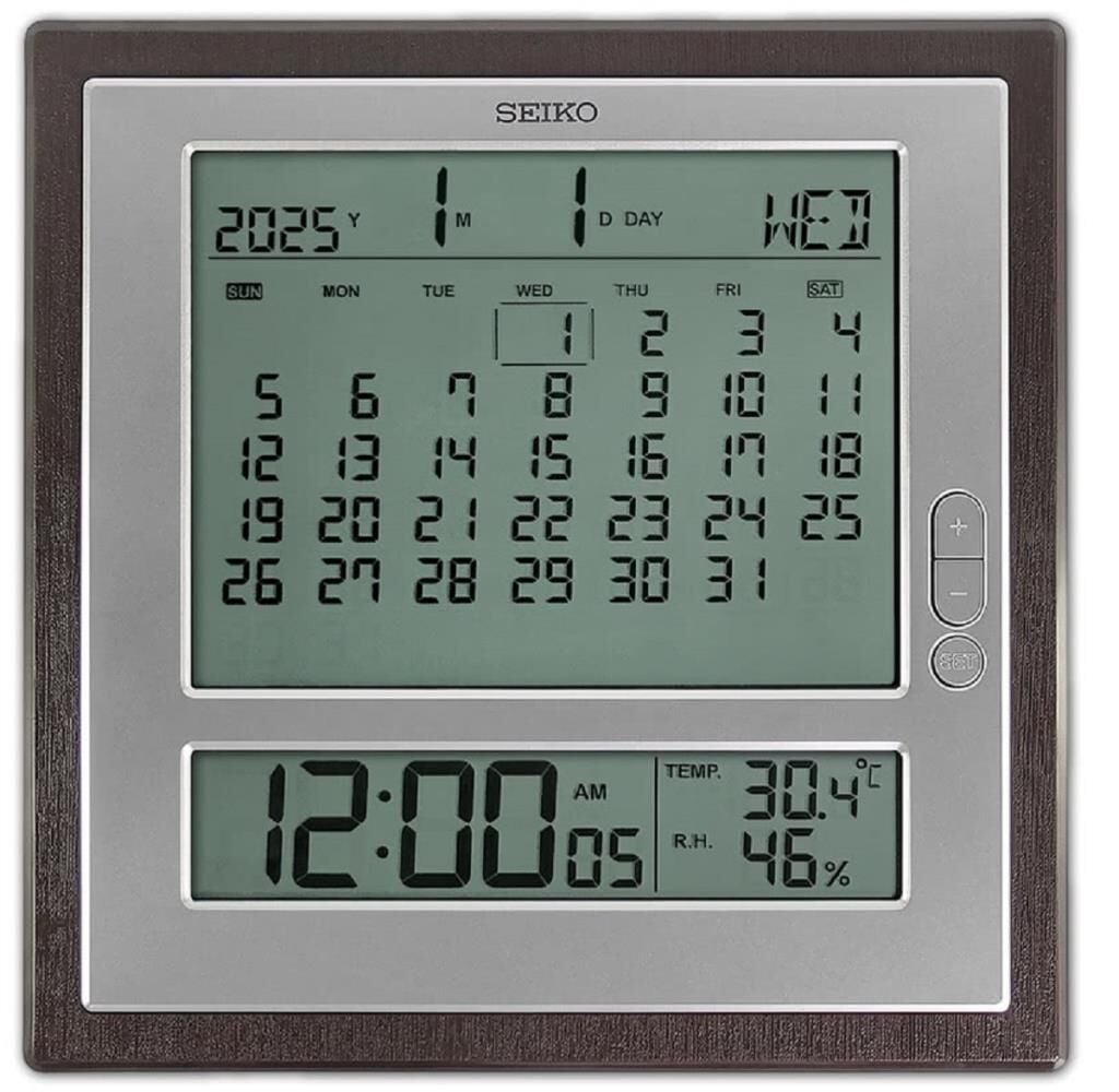 Seiko QHL100B Plastik Kasa Kahverengi Renkli 24.6 x 24.6 cm Çaplı Termometreli Nem Ölçer Takvimli Dijital Masa ve Duvar Saati