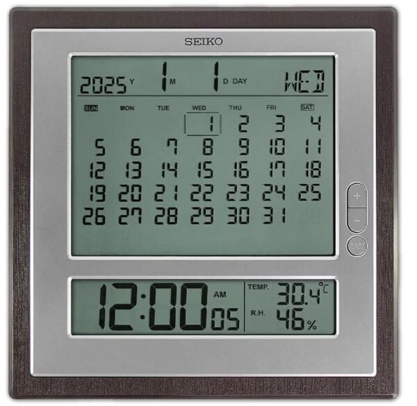 Seiko QHL100B Plastik Kasa Kahverengi Renkli 24.6 x 24.6 cm Çaplı Termometreli Nem Ölçer Takvimli Dijital Masa ve Duvar Saati
