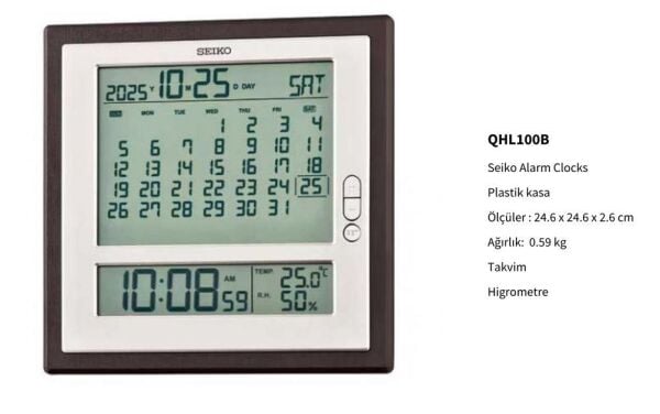 Seiko QHL100B Plastik Kasa Kahverengi Renkli 24.6 x 24.6 cm Çaplı Termometreli Nem Ölçer Takvimli Dijital Masa ve Duvar Saati