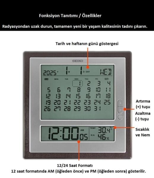 Seiko QHL100B Plastik Kasa Kahverengi Renkli 24.6 x 24.6 cm Çaplı Termometreli Nem Ölçer Takvimli Dijital Masa ve Duvar Saati