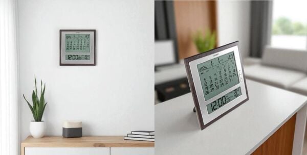 Seiko QHL100B Plastik Kasa Kahverengi Renkli 24.6 x 24.6 cm Çaplı Termometreli Nem Ölçer Takvimli Dijital Masa ve Duvar Saati