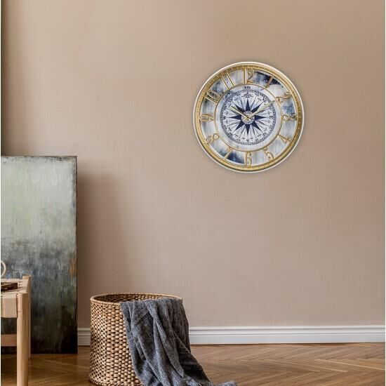 Klik Hisar-Marın Pusula Plastik Kasa Beyaz-Gold Renkli 40 cm Çaplı Modern Sessiz Saniye Mekanizmalı Duvar Saati