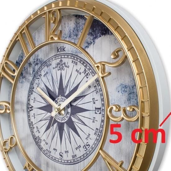 Klik Hisar-Marın Pusula Plastik Kasa Beyaz-Gold Renkli 40 cm Çaplı Modern Sessiz Saniye Mekanizmalı Duvar Saati