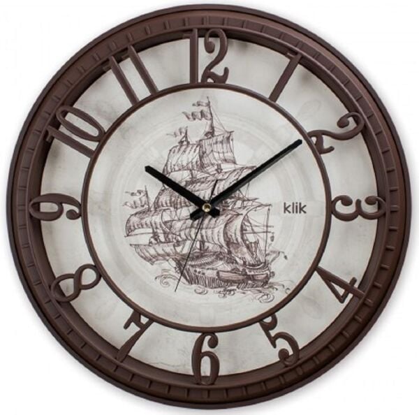 Klik Hisar-Yelken Gemi Plastik Kasa Kahverengi Renkli 40 cm Çaplı Modern Sessiz Saniye Mekanizmalı Duvar Saati
