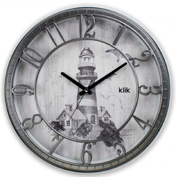 Klik Hisar Deniz Feneri Plastik Kasa Beyaz-Gri Renkli 40 cm Çaplı Modern Sessiz Saniye Mekanizmalı Duvar Saati