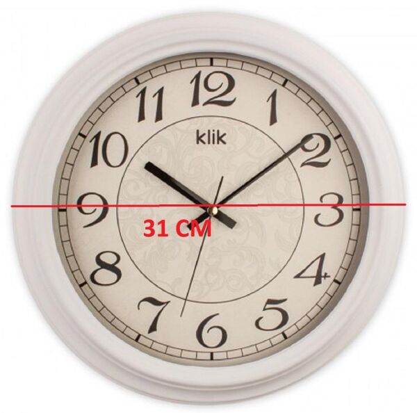 Klik Alfa Plastik Kasa Beyaz Renkli 31 cm Çaplı Modern Sessiz Saniye Mekanizmalı Duvar Saati
