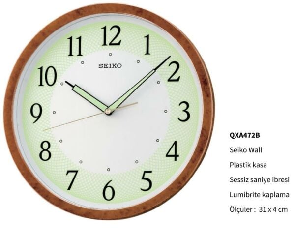 Seiko QXA472B Sessiz Saniye LumiBrite® Dekoratif Duvar Saati