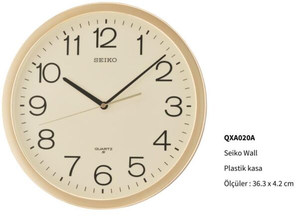 Seiko QXA020A Plastik Kasa Gold Renkli 36.3 cm Çaplı Modern Dekoratif Quartz Saniye Mekanizmalı Duvar Saati