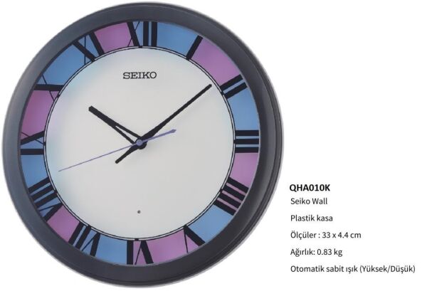 Seiko QHA010K Plastik Kasa Siyah Renkli 33 cm Çaplı Sensörlü Otomatik Sabit Işıklı Quartz Mekanizmalı Duvar Saati