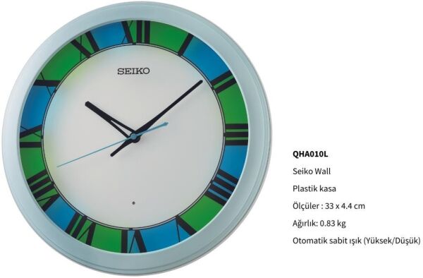 Seiko QHA010L Plastik Kasa Beyaz Renkli 33 cm Çaplı Sensörlü Otomatik Sabit Işıklı Quartz Mekanizmalı Duvar Saati