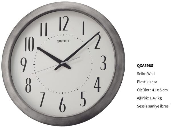 Seiko QXA598S Plastik Kasa Gri Renkli 41 cm Çaplı Eskitme Cilalı Modern Dekoratif Sessiz Saniye Mekanizmalı Duvar Saati