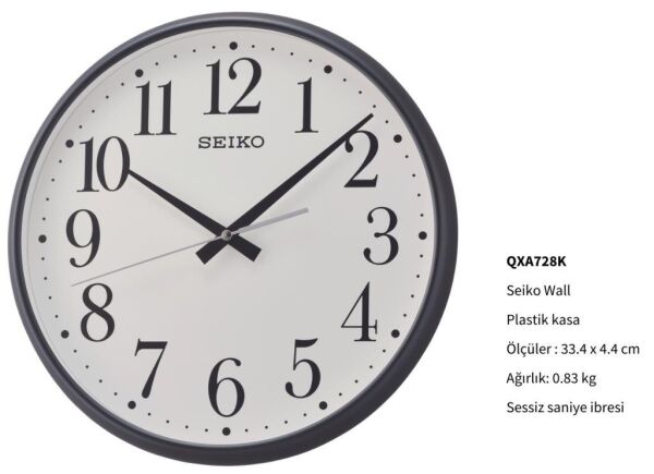 Seiko QXA728K Plastik Kasa Siyah Renkli 33.4 cm Çaplı Modern Dekoratif Sessiz Saniye Mekanizmalı Duvar Saati